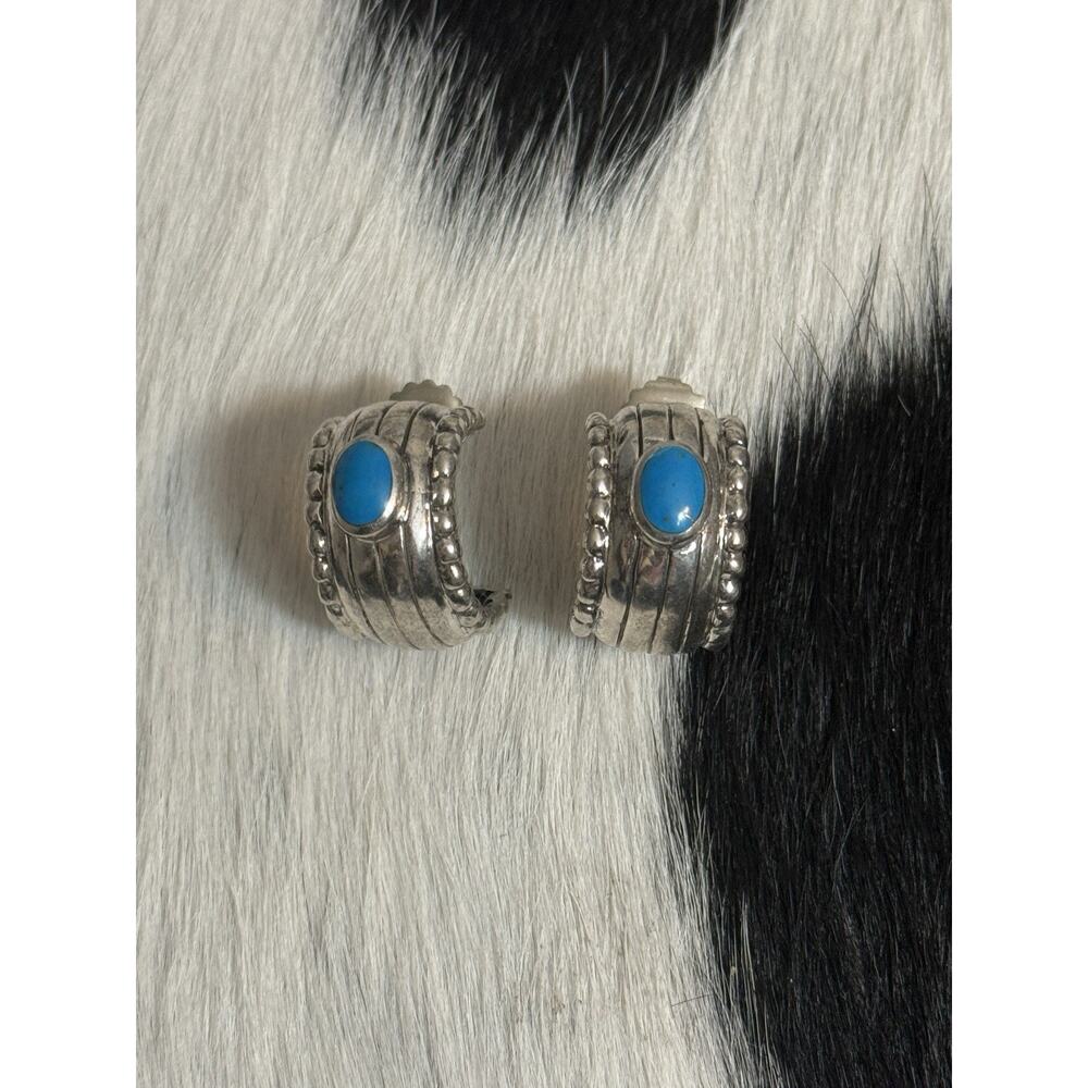 Southwest Sterling Silver Blue Turquoise Half Hoop Wide Post Earrings